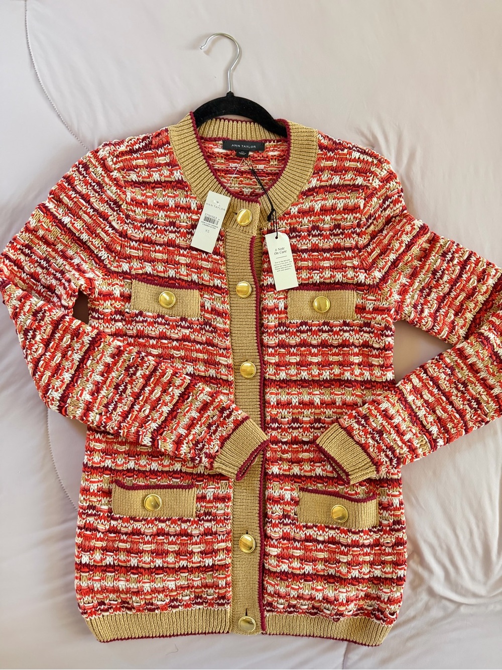 Ann Taylor Red & Cream Tweed-Style Button Cardigan